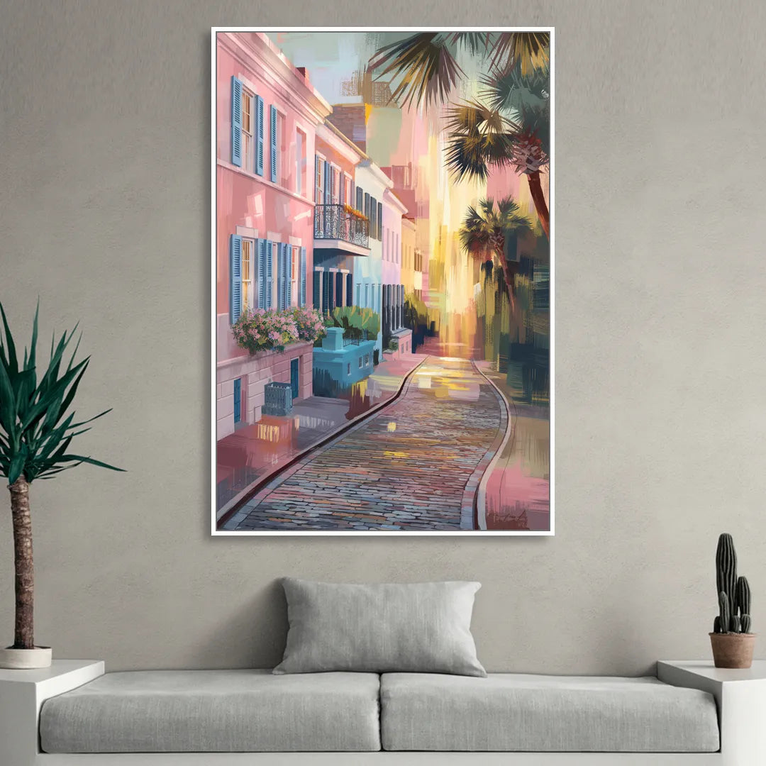 Charleston Cobblestone Streets Sitting Room - White Canvas Wall Art
