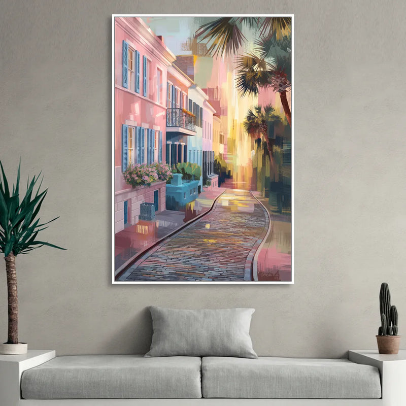 Charleston Cobblestone Streets Sitting Room - White Canvas Wall Art