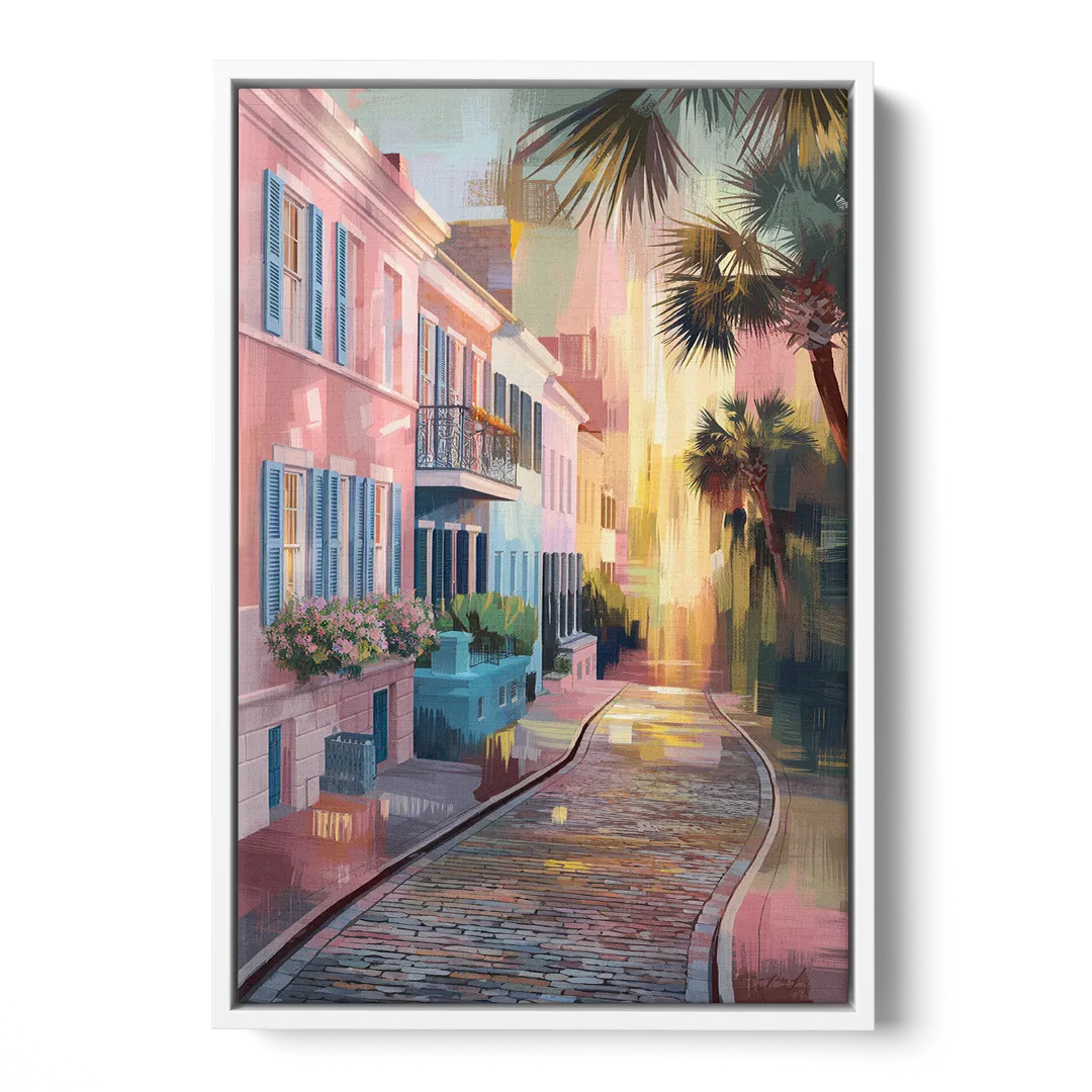 Charleston Cobblestone Streets Front - White Canvas Wall Art
