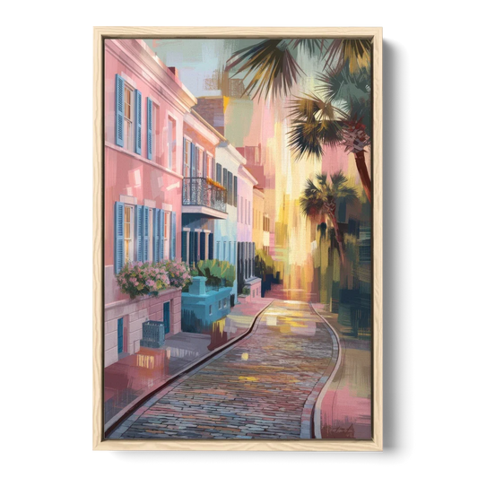 Charleston Cobblestone Streets - Oak Framed Canvas Wall Art - Front