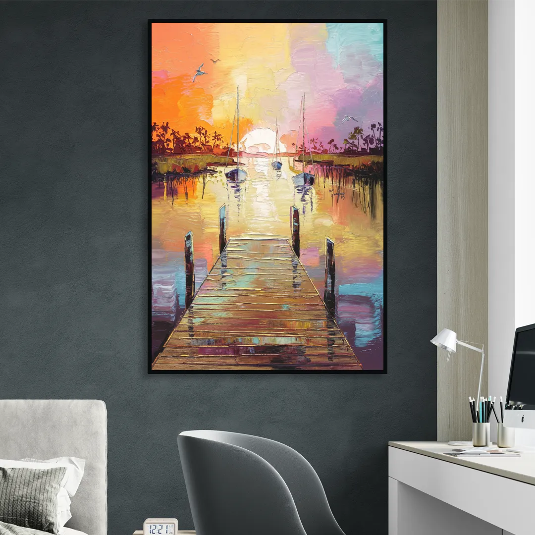 Charleston Harbor at Sunset Sitting Room - Black Canvas Wall Art