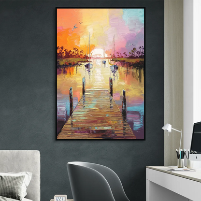Charleston Harbor at Sunset Sitting Room - Black Canvas Wall Art