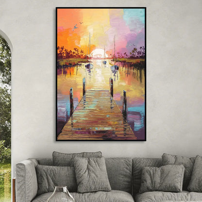 Charleston Harbor at Sunset Living Room - Black Canvas Wall Art