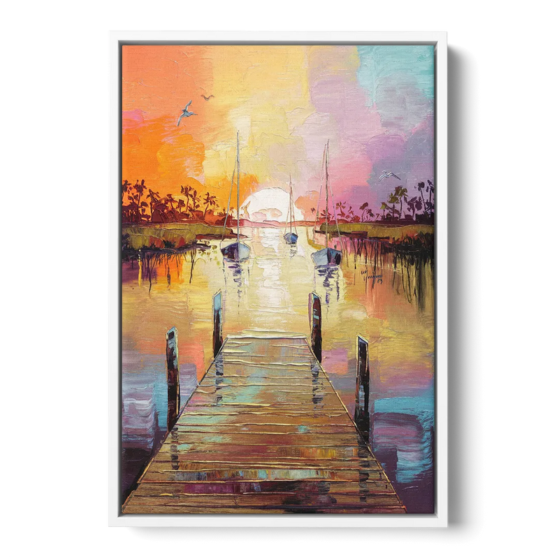 Charleston Harbor at Sunset Front - White Canvas Wall Art