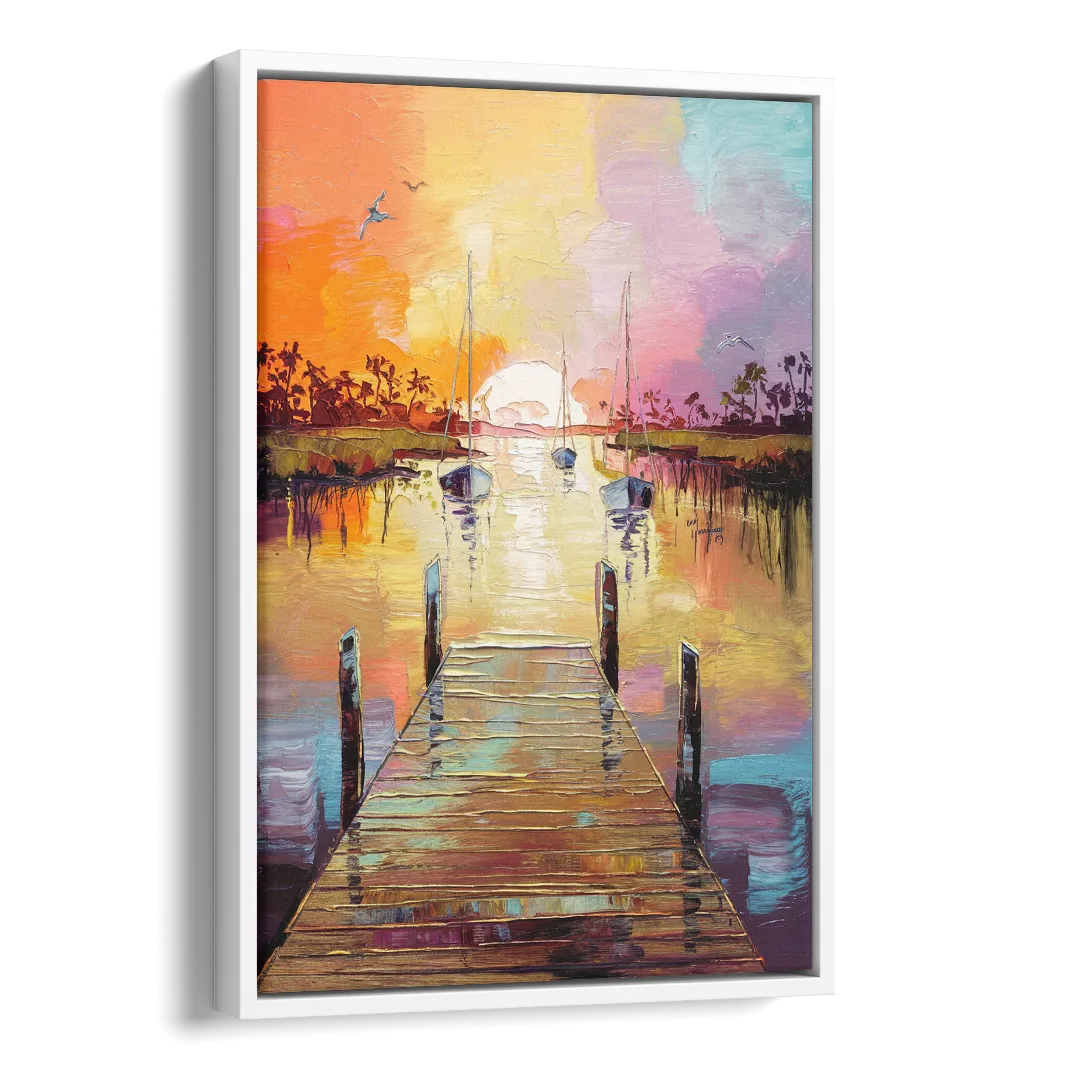 Charleston Harbor at Sunset Side - White Canvas Wall Art