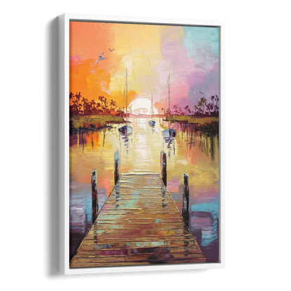 Charleston Harbor at Sunset Side - White Canvas Wall Art