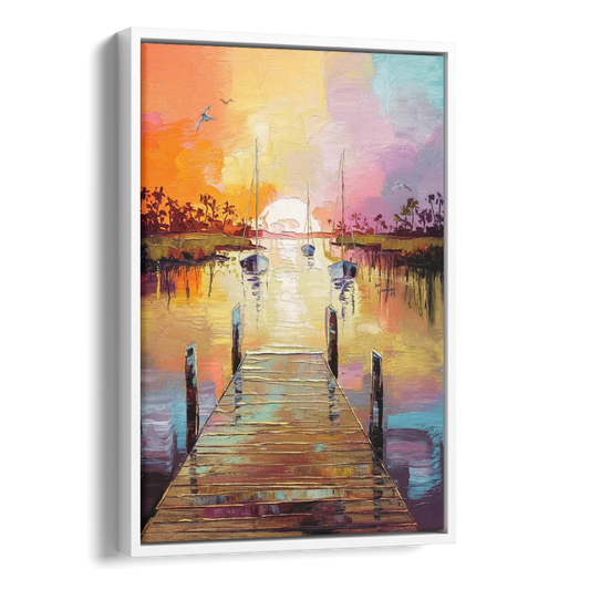 Charleston Harbor at Sunset Side - White Canvas Wall Art
