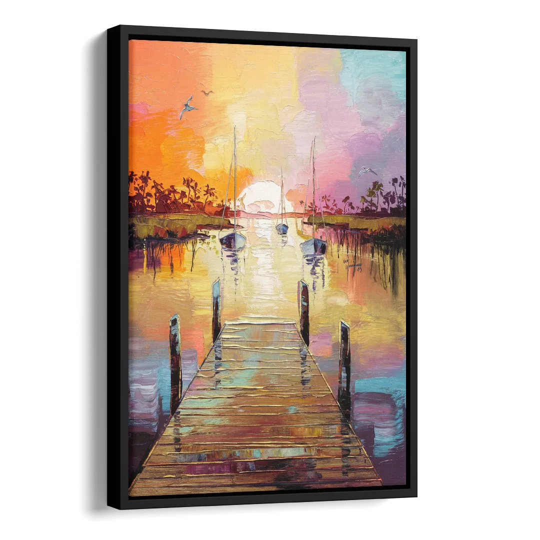 Charleston Harbor at Sunset Side - Black Canvas Wall Art