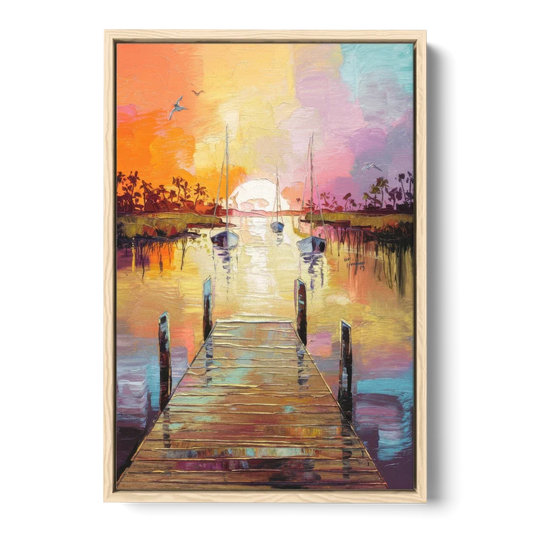Charleston Harbor at Sunset - Oak Framed Canvas Wall Art - Front