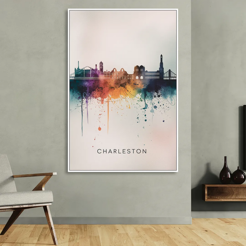Charleston Historic Skyline Living Room - White Canvas Wall Art