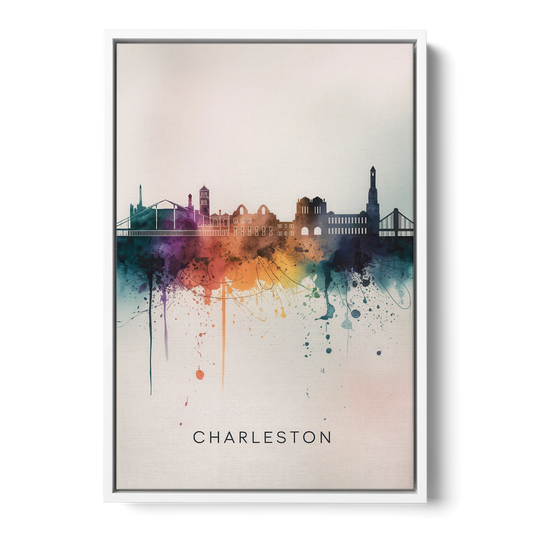 Charleston Historic Skyline - White Framed Canvas Wall Art - Front