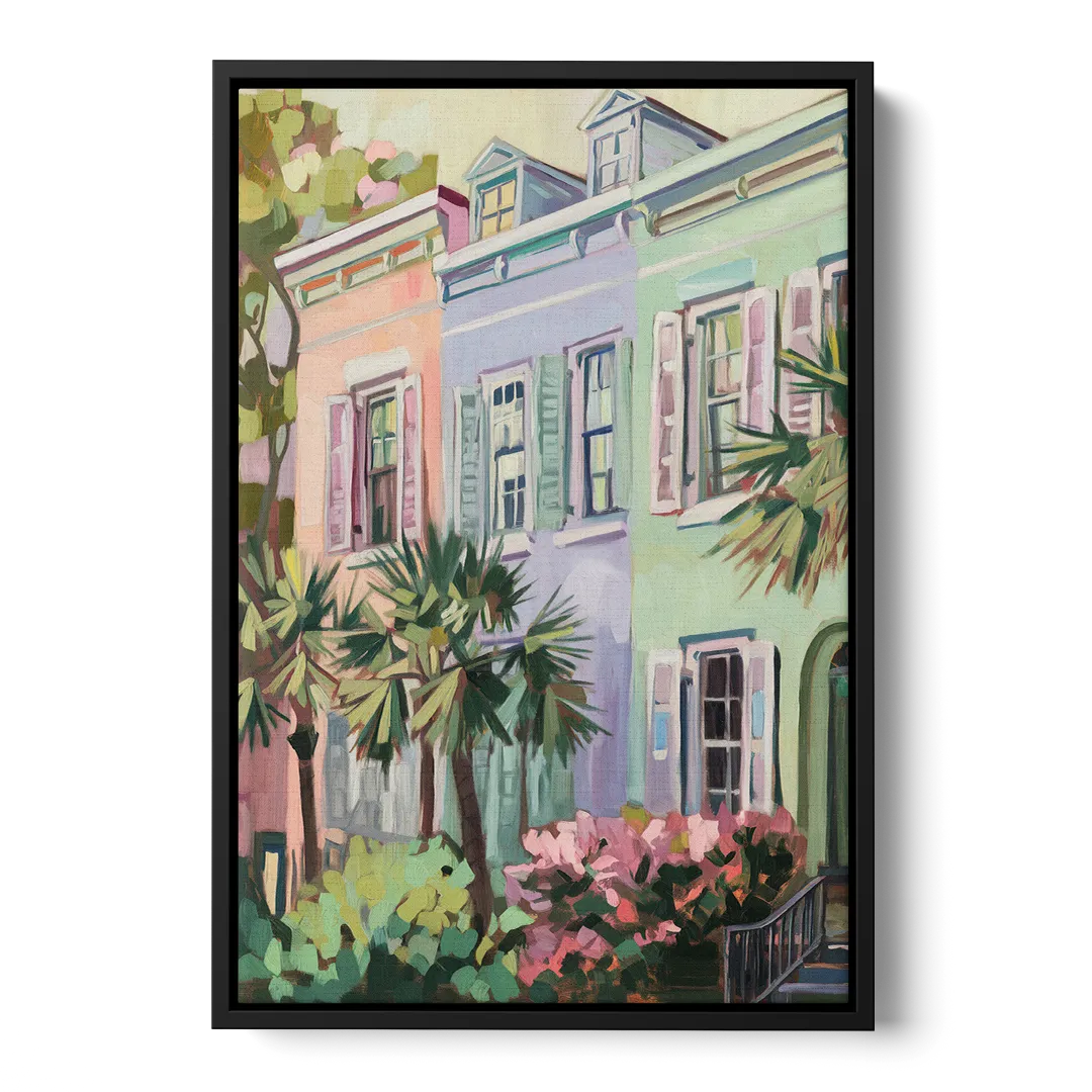 Charleston Rainbow Row Front - Black Canvas Wall Art