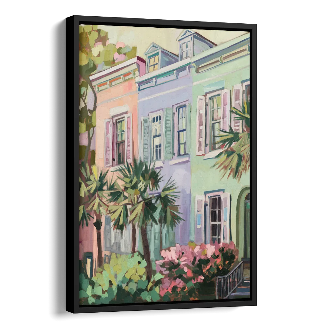 Charleston Rainbow Row Side - Black Canvas Wall Art