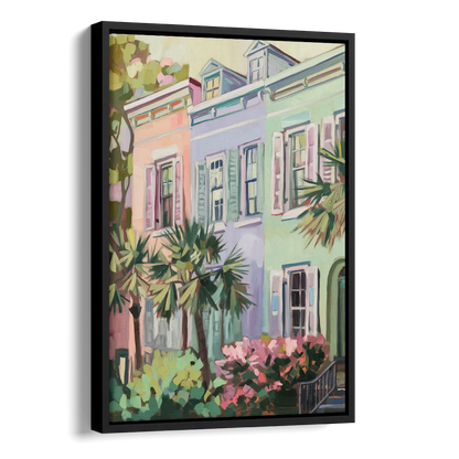 Charleston Rainbow Row Side - Black Canvas Wall Art