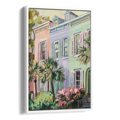 Charleston Rainbow Row Side - White Canvas Wall Art