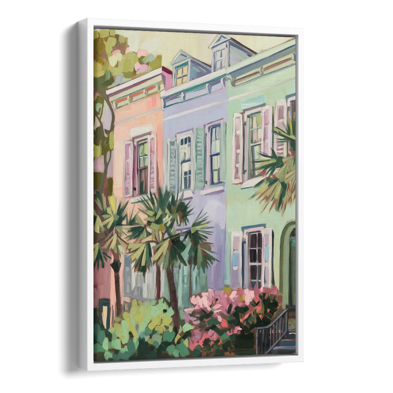 Charleston Rainbow Row Side - White Canvas Wall Art