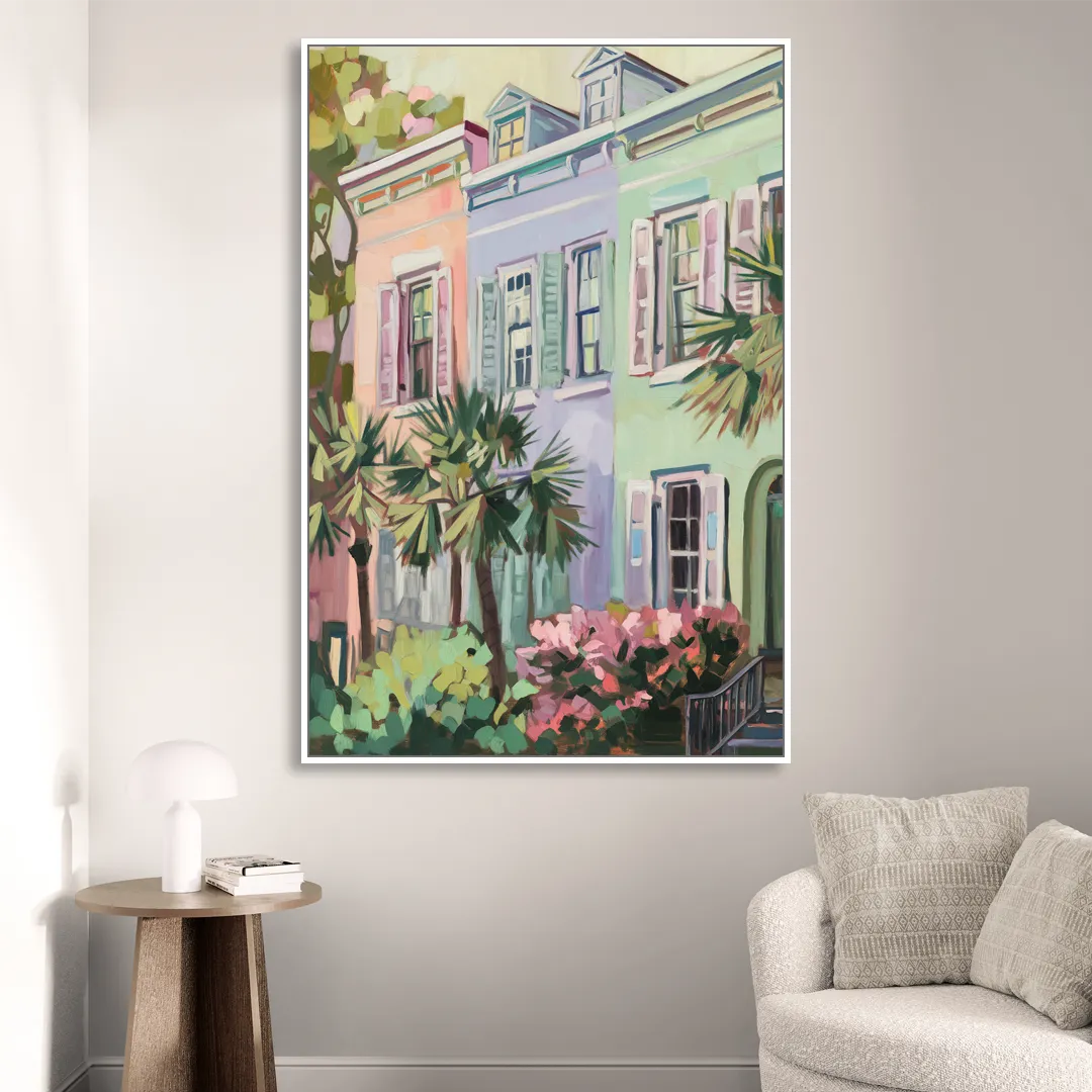 Charleston Rainbow Row Living Room - White Canvas Wall Art