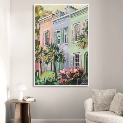 Charleston Rainbow Row Living Room - White Canvas Wall Art