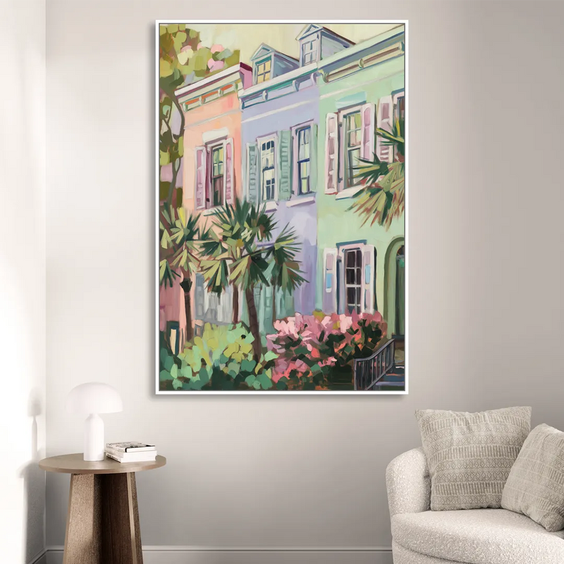 Charleston Rainbow Row Living Room - White Canvas Wall Art
