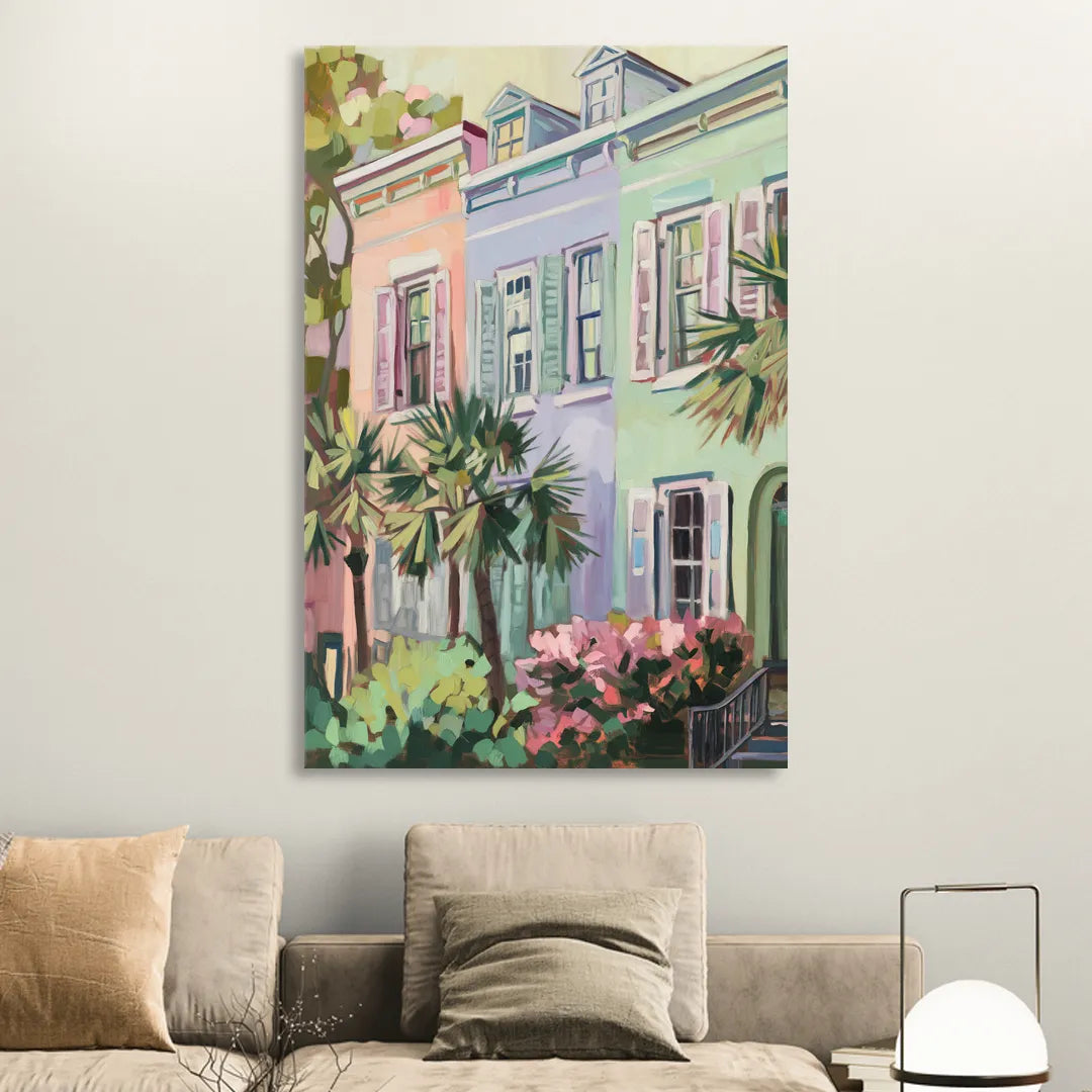 Charleston Rainbow Row Living Room - Canvas Wall Art