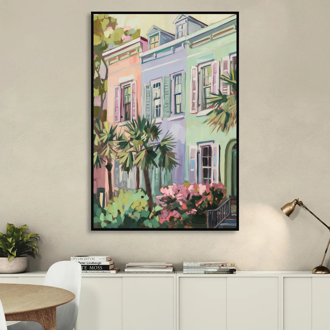 Charleston Rainbow Row Living Room - Black Canvas Wall Art