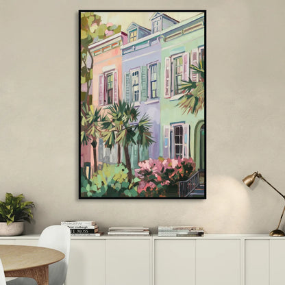 Charleston Rainbow Row Living Room - Black Canvas Wall Art