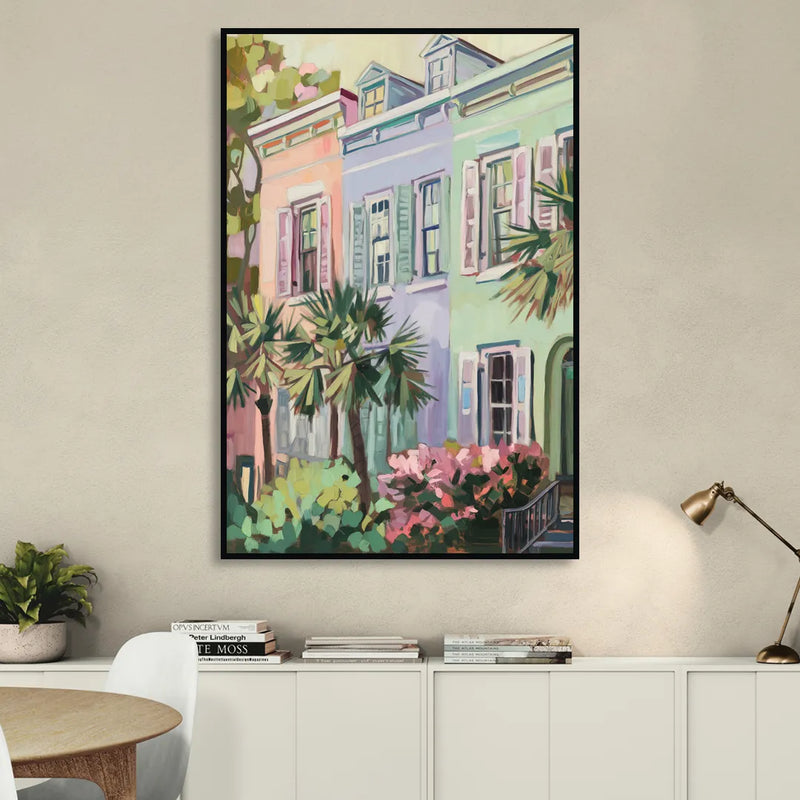 Charleston Rainbow Row Living Room - Black Canvas Wall Art