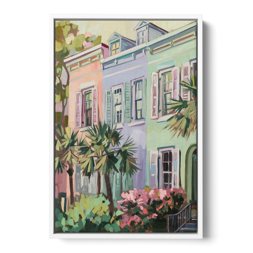 Charleston Rainbow Row Front - White Canvas Wall Art
