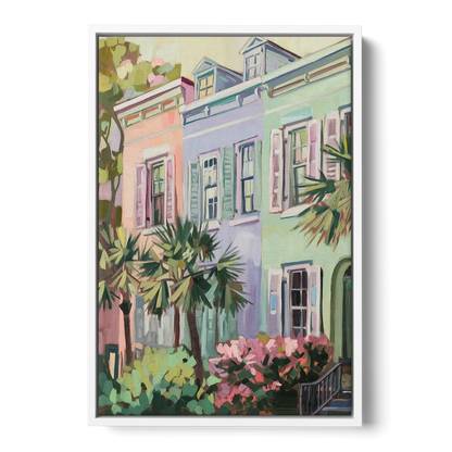 Charleston Rainbow Row Front - White Canvas Wall Art