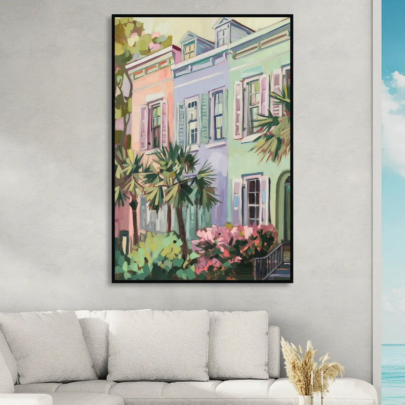Charleston Rainbow Row Sitting Room - Black Canvas Wall Art