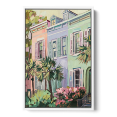 Charleston Rainbow Row - White Framed Canvas Wall Art - Front