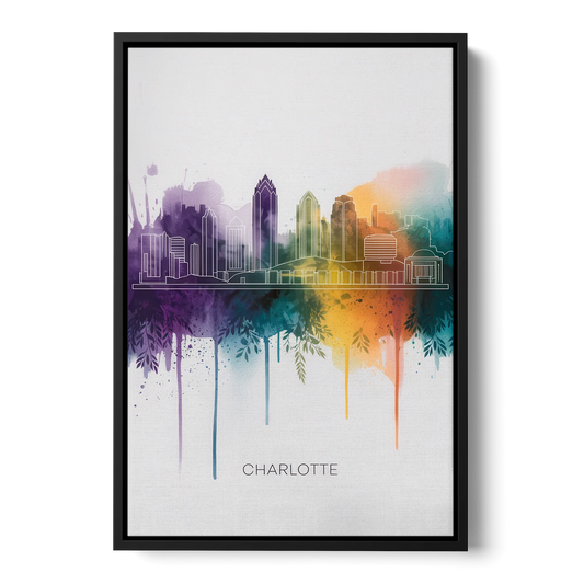 Charlotte Cityscape in Watercolor - Black Framed Canvas Wall Art - Front