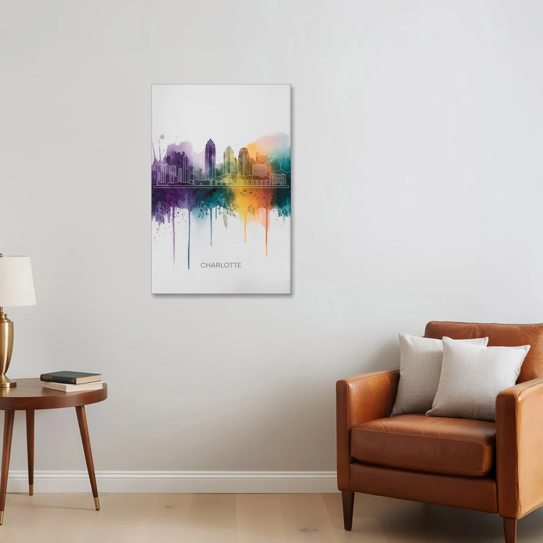 Charlotte Cityscape in Watercolor - Canvas Wall Art - Sofa - 24x36