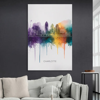 Charlotte Cityscape in Watercolor Living Room - Canvas Wall Art