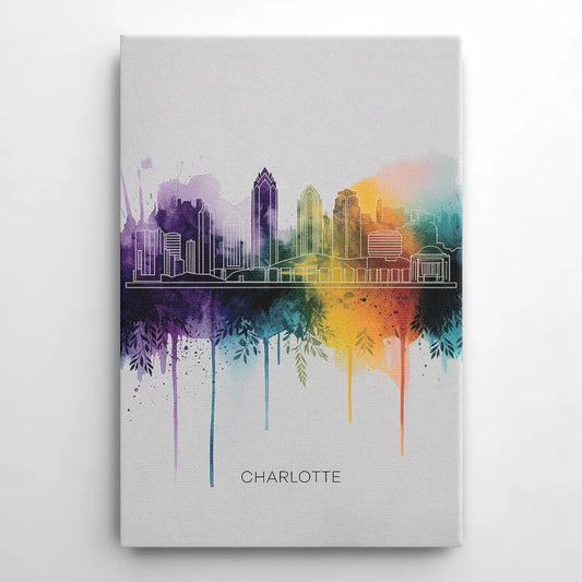Charlotte Cityscape in Watercolor - Canvas Wall Art