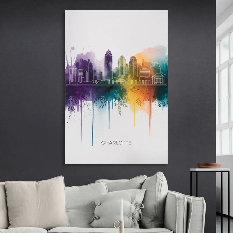 Charlotte Cityscape in Watercolor Living Room - Canvas Wall Art