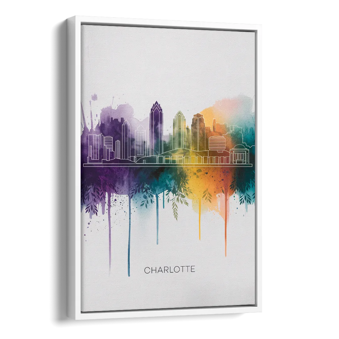 Charlotte Cityscape in Watercolor Side - White Canvas Wall Art