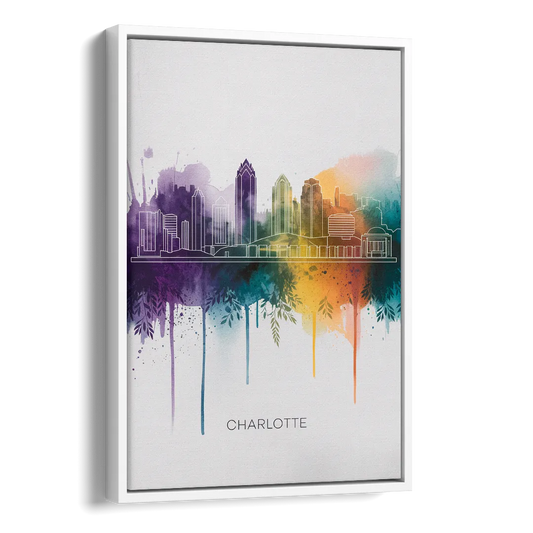 Charlotte Cityscape in Watercolor Side - White Canvas Wall Art
