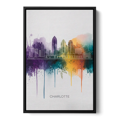 Charlotte Cityscape in Watercolor Front - Black Canvas Wall Art