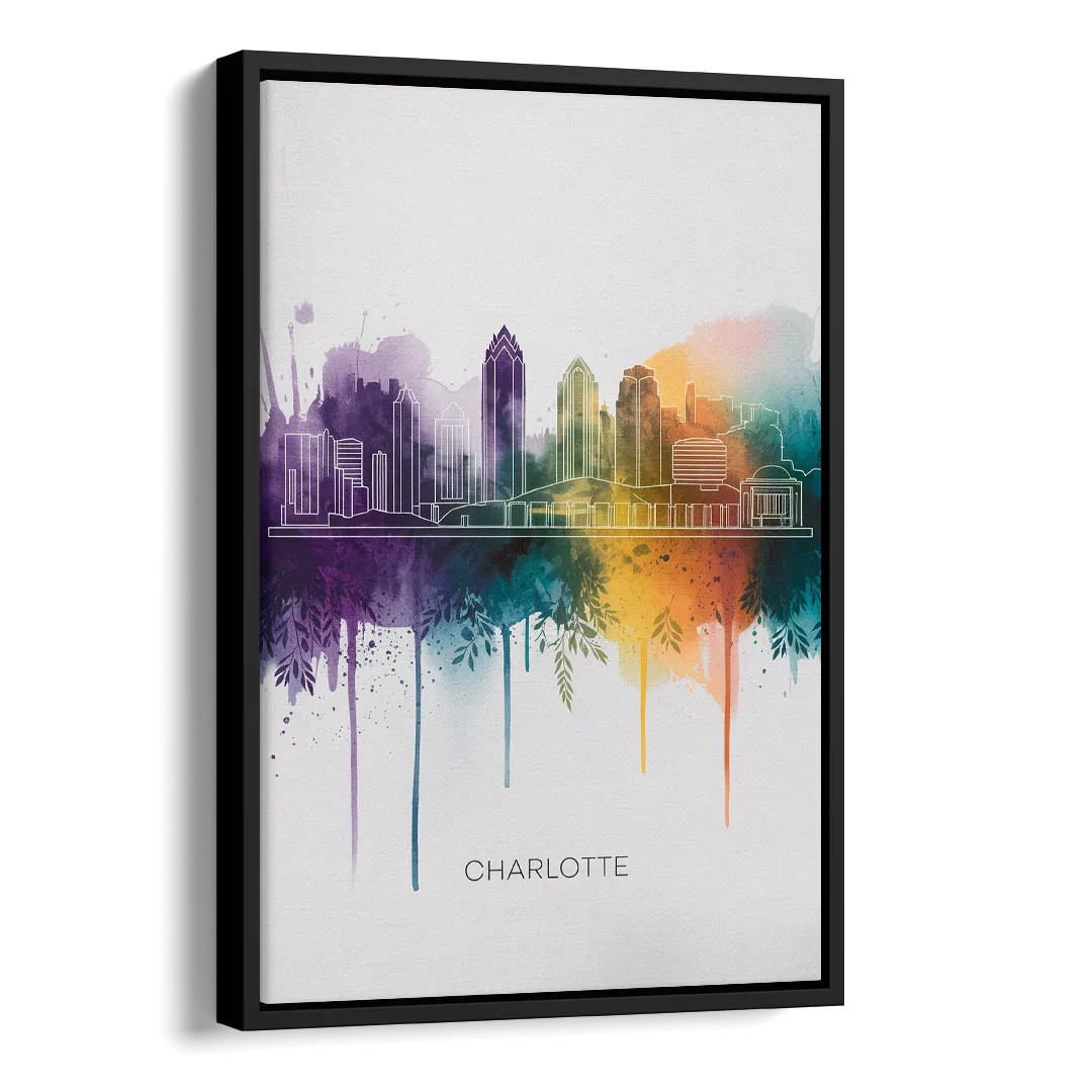 Charlotte Cityscape in Watercolor Side - Black Canvas Wall Art