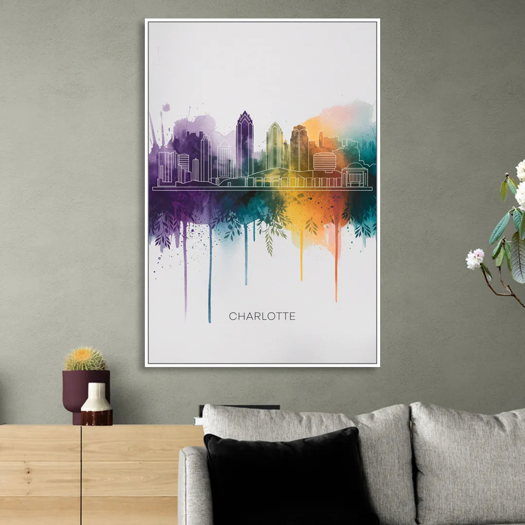 Charlotte Cityscape in Watercolor Sitting Room - White Canvas Wall Art