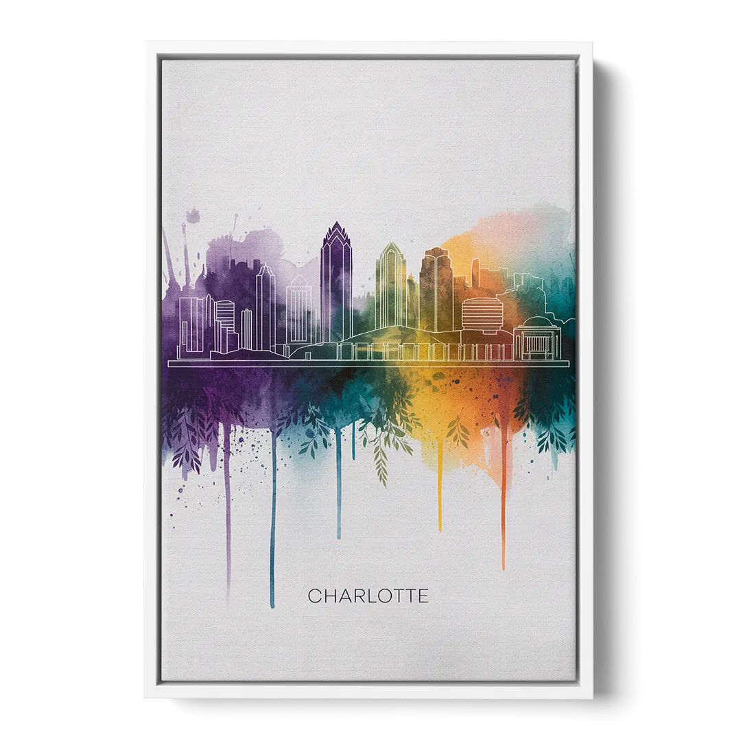 Charlotte Cityscape in Watercolor Front - White Canvas Wall Art