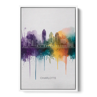 Charlotte Cityscape in Watercolor Front - White Canvas Wall Art
