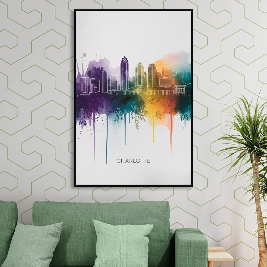 Charlotte Cityscape in Watercolor Sitting Room - Black Canvas Wall Art
