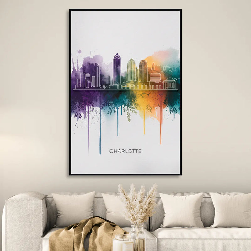 Charlotte Cityscape in Watercolor Living Room - Black Canvas Wall Art