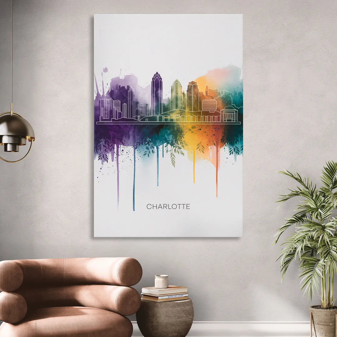 Charlotte Cityscape in Watercolor Sitting Room - Canvas Wall Art