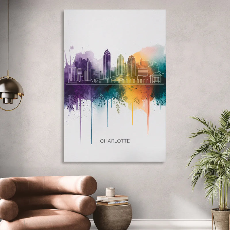 Charlotte Cityscape in Watercolor Sitting Room - Canvas Wall Art