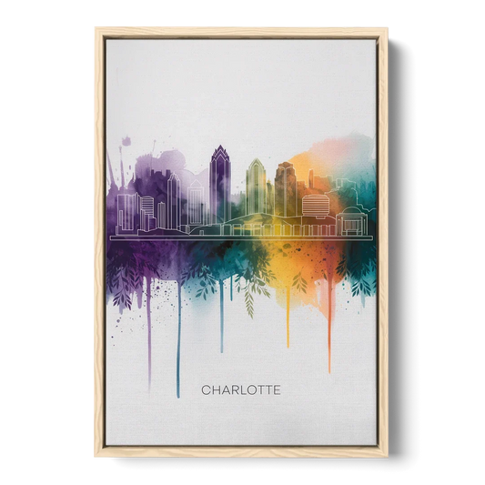 Charlotte Cityscape in Watercolor - Oak Framed Canvas Wall Art - Front