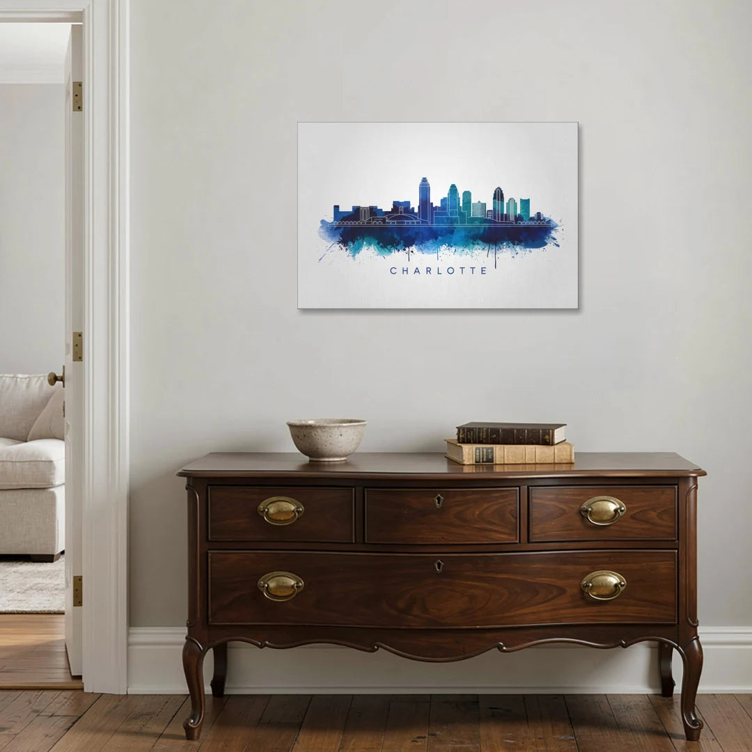 Charlotte Skyline With Blue Tones - Canvas Wall Art - Coffee Table - 36x24