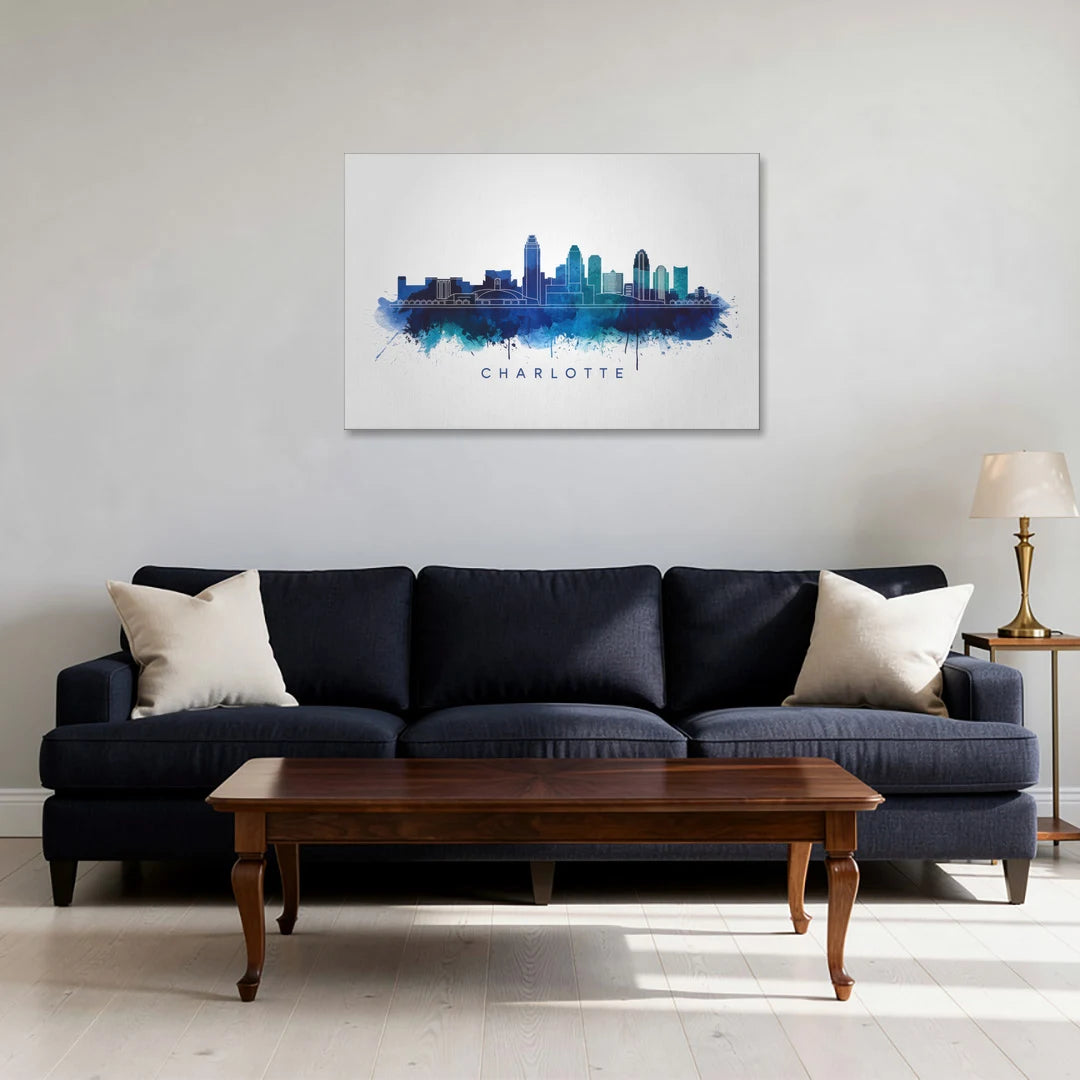 Charlotte Skyline With Blue Tones - Canvas Wall Art - Sofa - 36x24